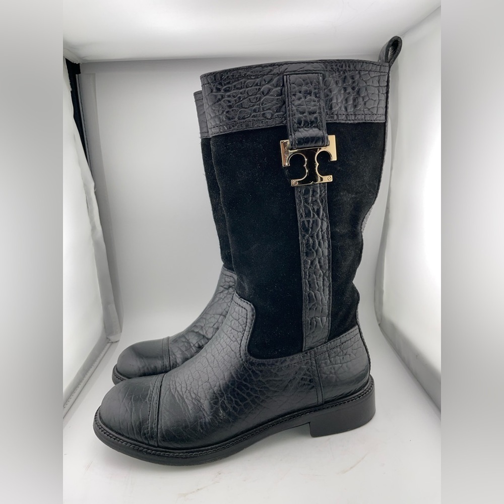 Tory Burch Corey Mid Calf Flat Leather Embossed Black  Suede Boots Size 7M‌